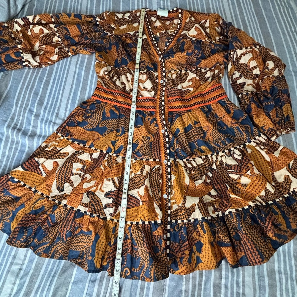 Farm Rio By Anthropology V-Neck Dress Geometric Jaguar Print Tiered Sz X-Large - Picture 15 of 16